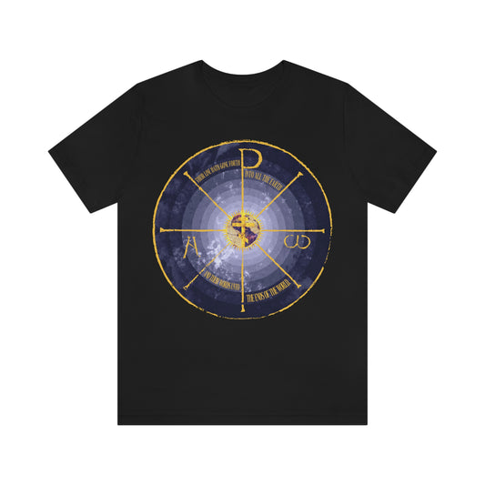 Gold Cross Chi Rho Alpha & Omega | Blue Concentric Geocentric Cosmos Design | Dante Ptolemy Cosmology | Orthodox Christian T-Shirt