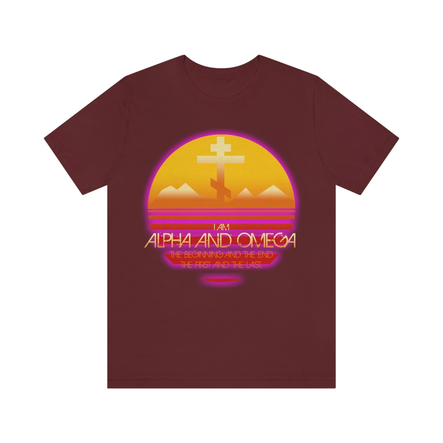 I am the Alpha & Omega (Revelation Revelation 22:13) | 80s Synthwave Orange & Magenta Setting Sun Design | Orthodox Christian T-Shirt