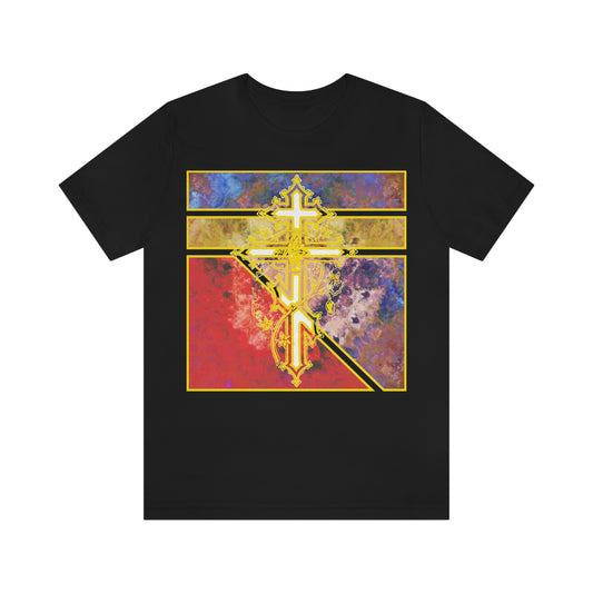 Golden Ornate Three-Bar Cross on Colorful Textured Geometric Pattern | Orthodox Christian T-Shirt
