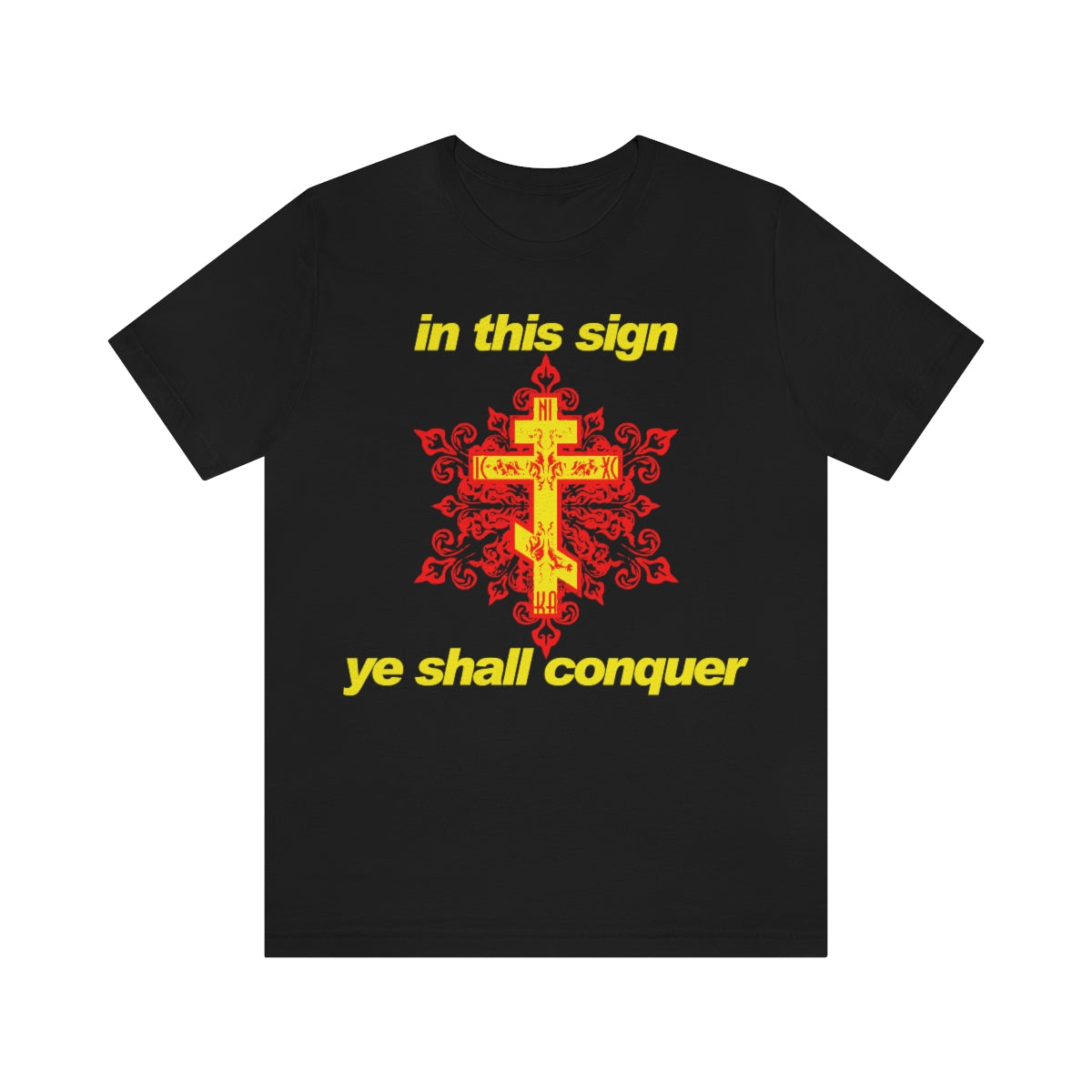 In This Sign Ye Shall Conquer | Gold and Red Orthodox Ornate Cross | Orthodox Christian T-Shirt