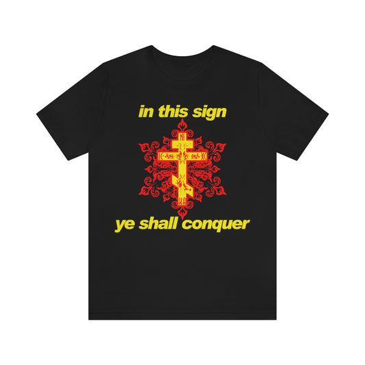 In This Sign Ye Shall Conquer | Gold and Red Orthodox Ornate Cross | Orthodox Christian T-Shirt