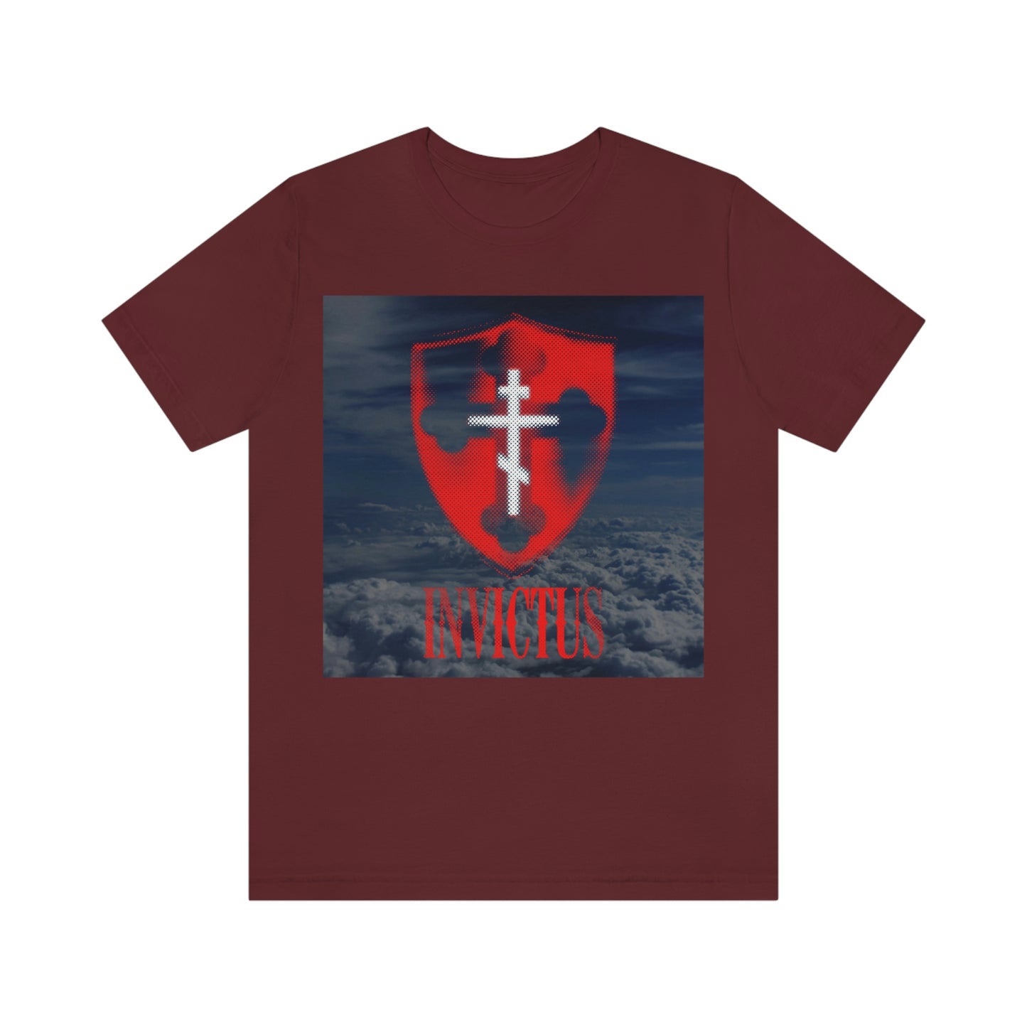 Invictus "Unconquered" | White Cross on Red Shield Over Clouds | Textured Halftone Design | Orthodox Christian T-Shirt