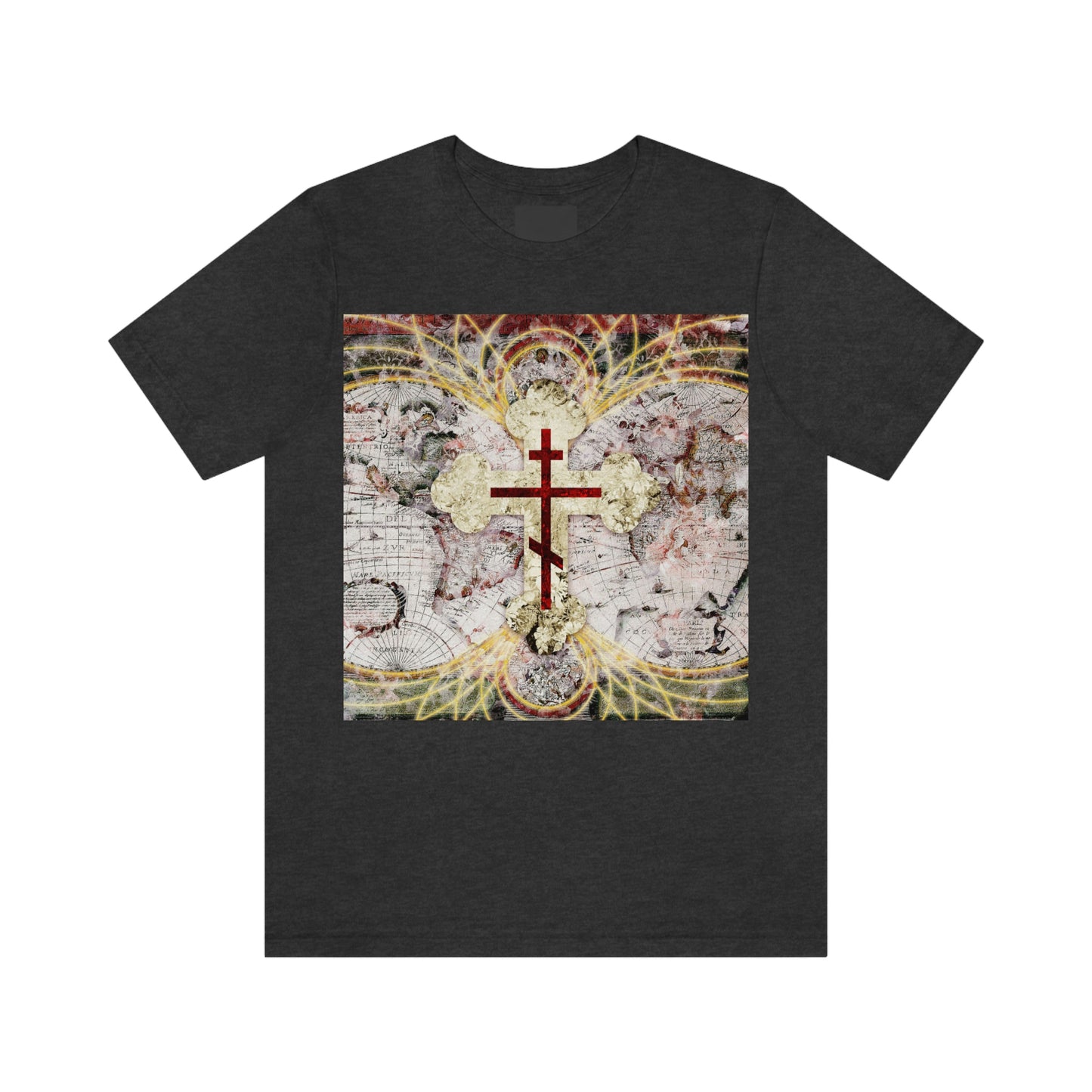 Red Three-Bar Cross Design with Magnetic Lines Over Textured World Map | Orthodox Christian T-Shirt