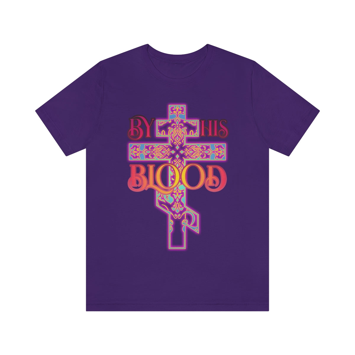 "By His Blood" Glowing, Ornate Colorful Three-Bar Cross Design | Orthodox Christian T-Shirt