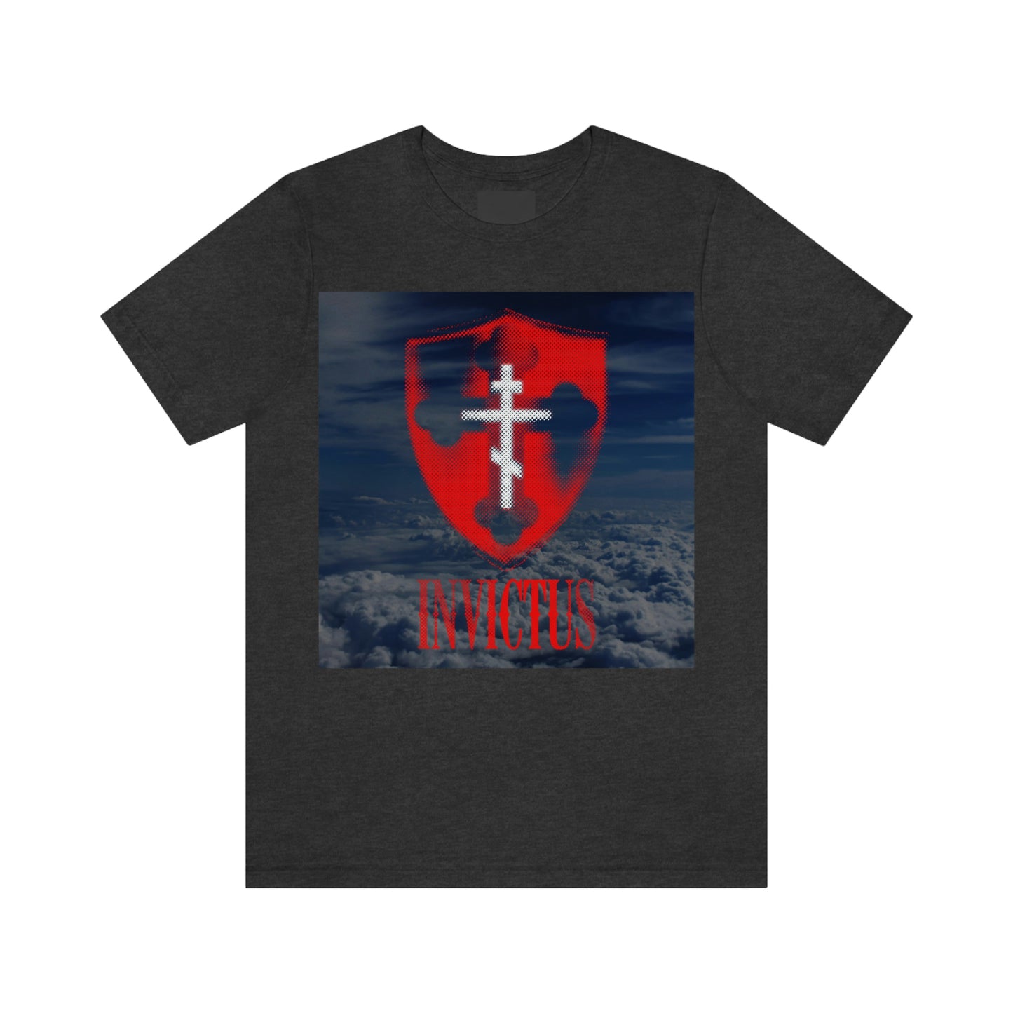 Invictus "Unconquered" | White Cross on Red Shield Over Clouds | Textured Halftone Design | Orthodox Christian T-Shirt