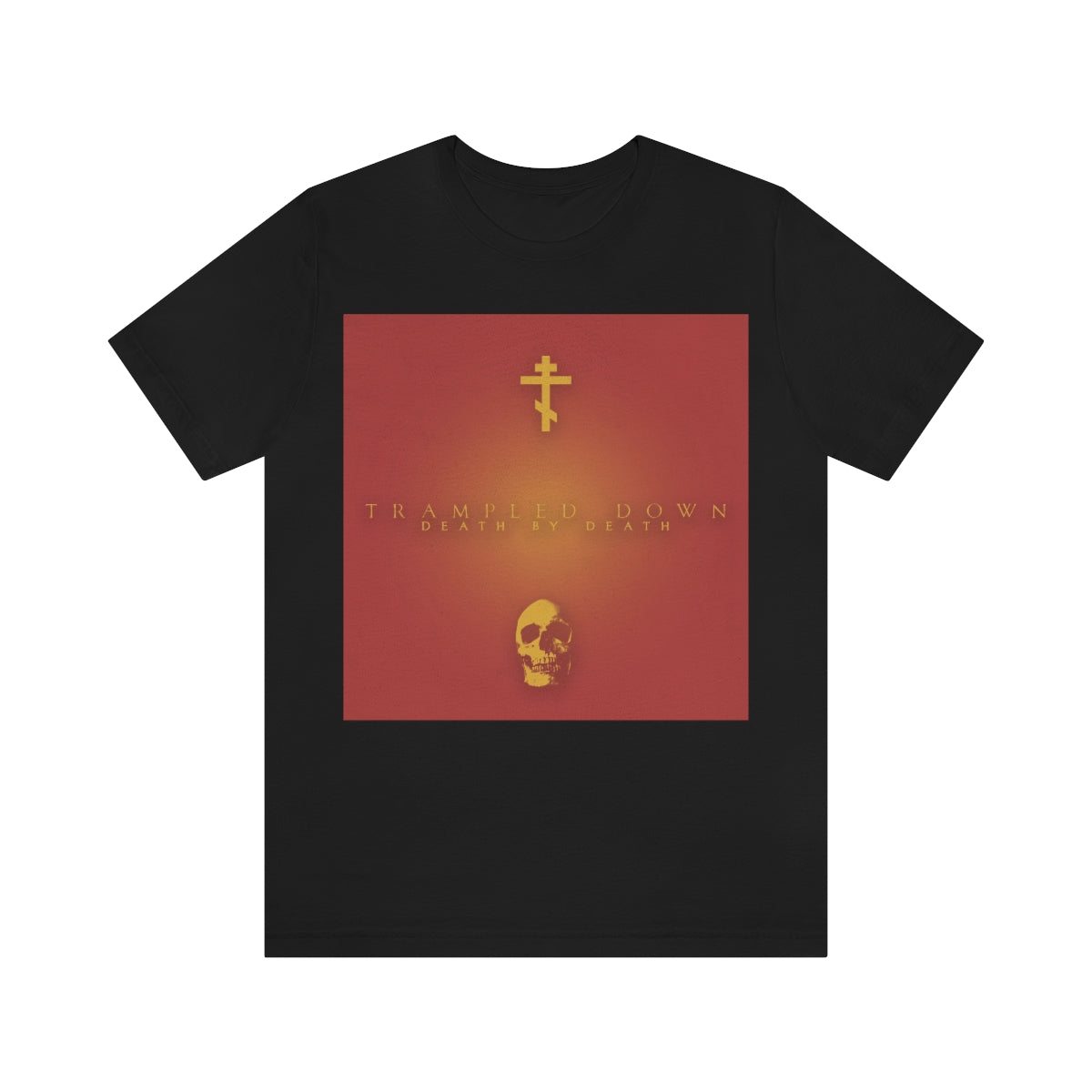 Trampled Down Death By Death | Pascha | Gold Cross and Skull on Red Background | Orthodox Christian T-Shirt
