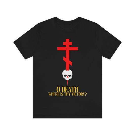 Black “O Death Where is Thy Victory?” Orthodox Christian T-shirt featuring a red cross stabbing a white skull and bold yellow text—powerful 1 Corinthians 15:55 tribute.