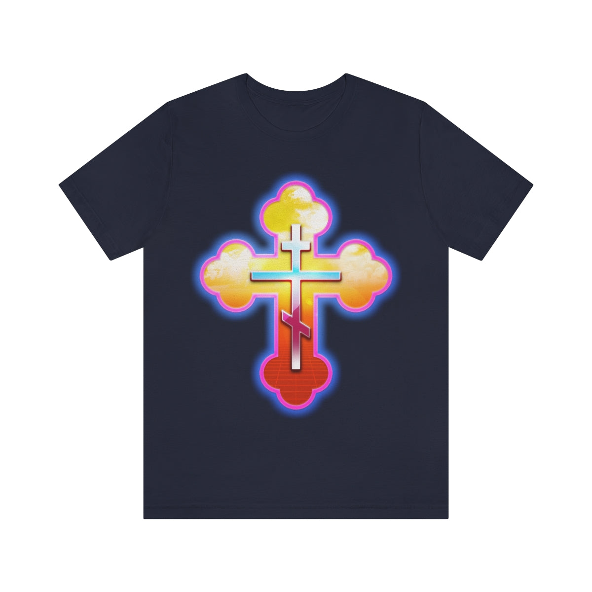 80s Synthwave Retrowave Outrun Aesthetic | Glowing & Reflective Gold & Red Three-Bar Cross | Orthodox Christian T-Shirt-Navy-S-Remembrance of Death