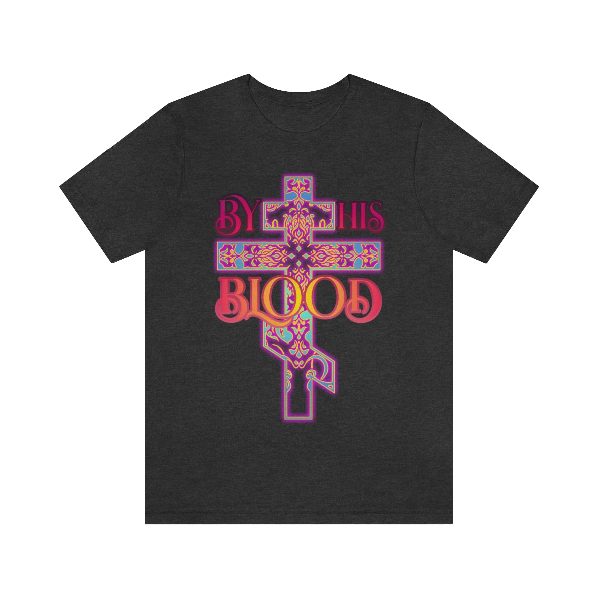 "By His Blood" Glowing, Ornate Colorful Three-Bar Cross Design | Orthodox Christian T-Shirt