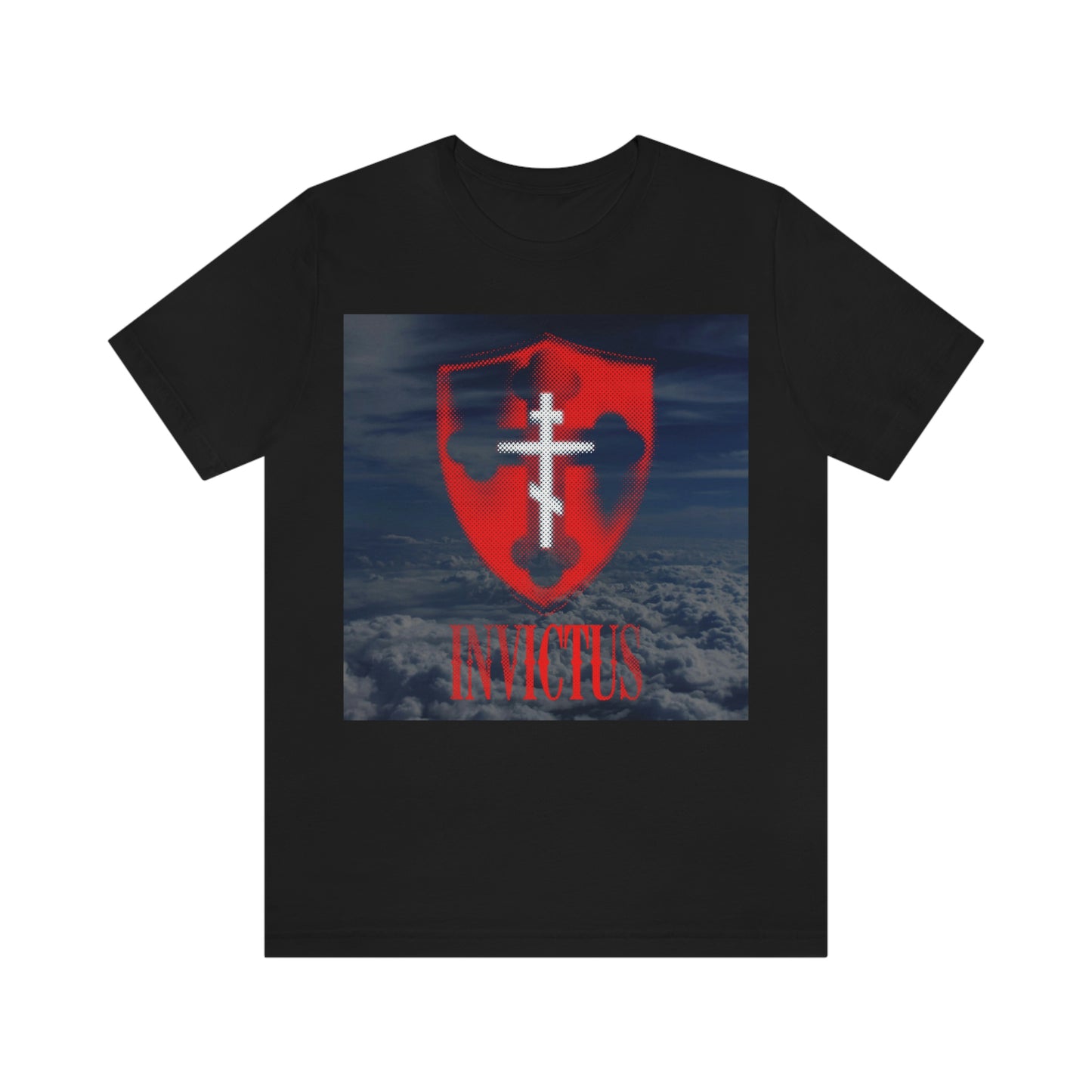 Invictus "Unconquered" | White Cross on Red Shield Over Clouds | Textured Halftone Design | Orthodox Christian T-Shirt