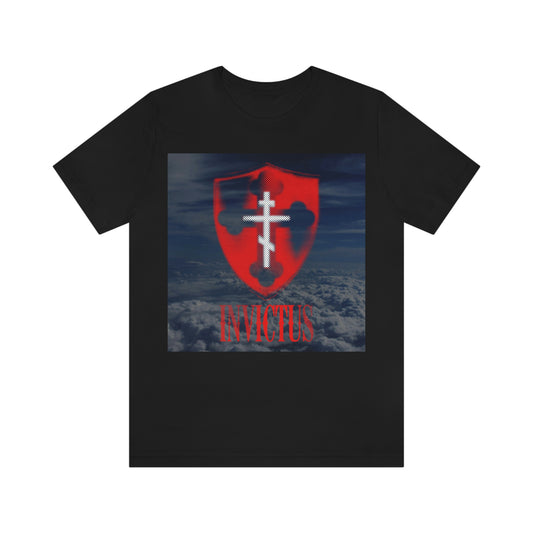 Invictus "Unconquered" | White Cross on Red Shield Over Clouds | Textured Halftone Design | Orthodox Christian T-Shirt