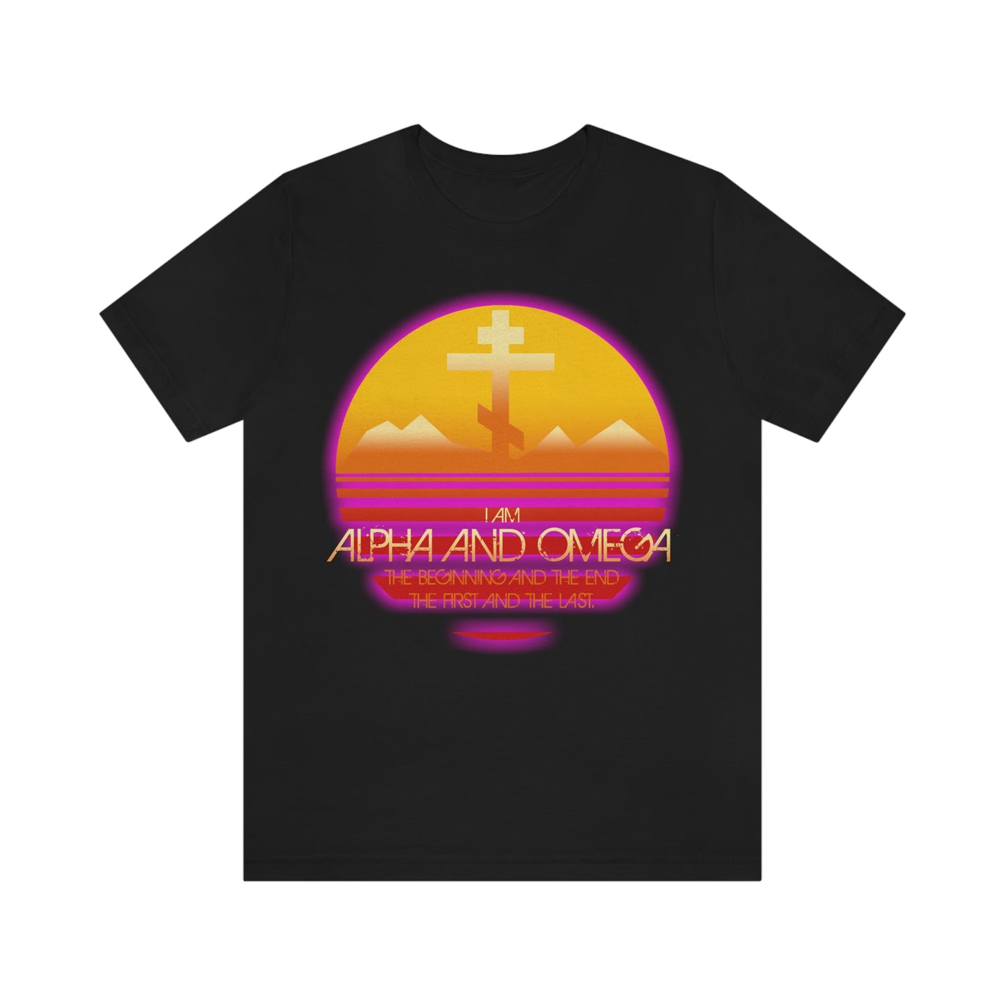 I am the Alpha & Omega (Revelation Revelation 22:13) | 80s Synthwave Orange & Magenta Setting Sun Design | Orthodox Christian T-Shirt