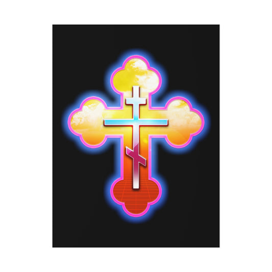80s Synthwave Retrowave Outrun Aesthetic | Glowing & Reflective Gold & Red Three-Bar Cross | Orthodox Christian Art Poster-18″ x 24″ (Vertical)-Uncoated-Remembrance of Death