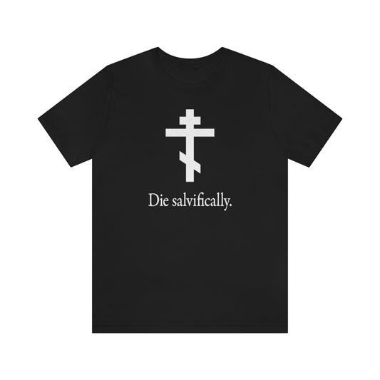 Die Salvifically Black & White Russian Cross Design | Apple Think Different Mashup | Orthodox Christian T-Shirt