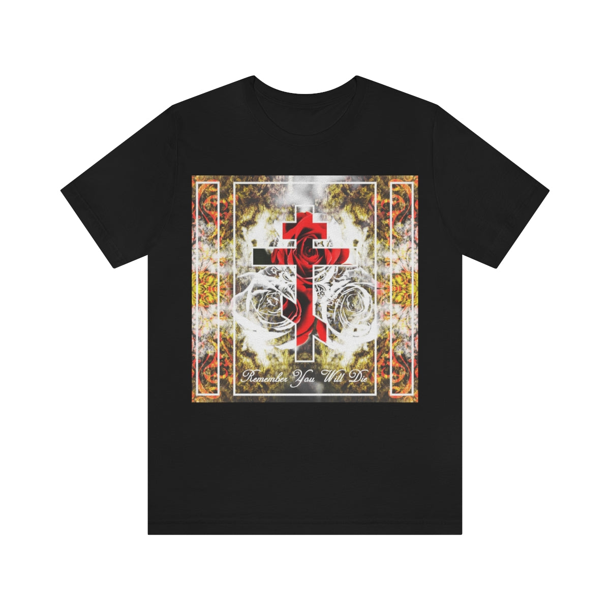 Remember You Will Die | Red Cross on Floral Texture | Orthodox Christian T-Shirt