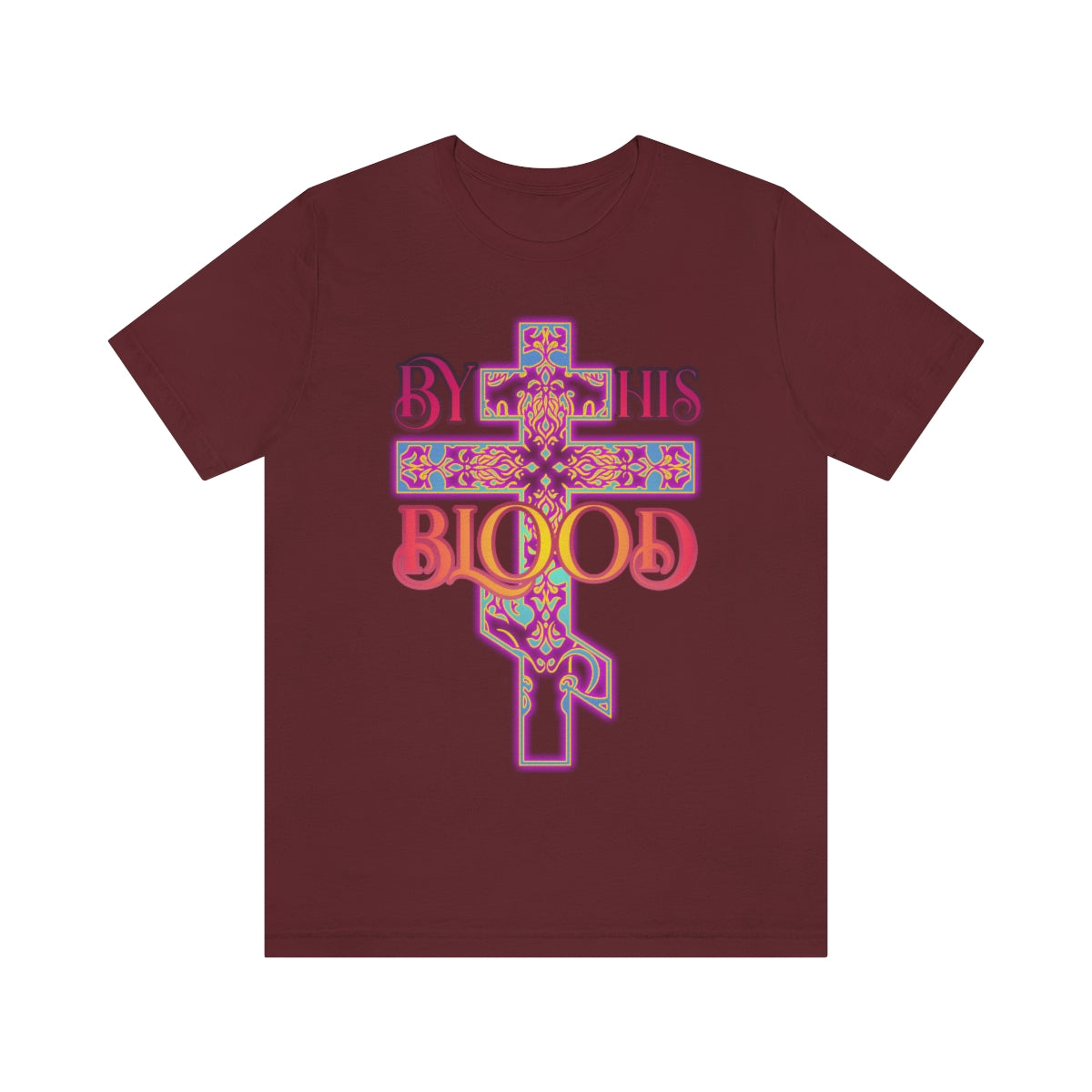 "By His Blood" Glowing, Ornate Colorful Three-Bar Cross Design | Orthodox Christian T-Shirt