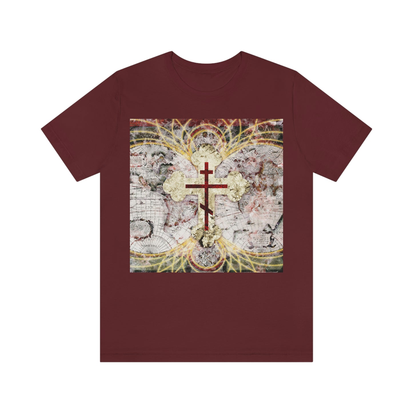 Red Three-Bar Cross Design with Magnetic Lines Over Textured World Map | Orthodox Christian T-Shirt