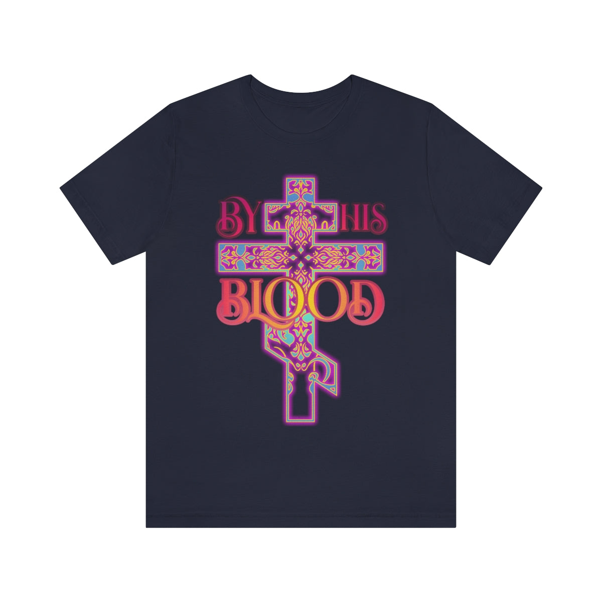 "By His Blood" Glowing, Ornate Colorful Three-Bar Cross Design | Orthodox Christian T-Shirt