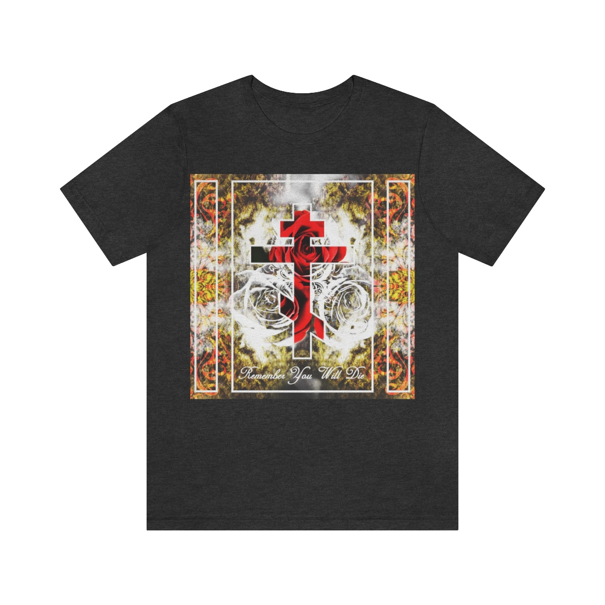 Remember You Will Die | Red Cross on Floral Texture | Orthodox Christian T-Shirt