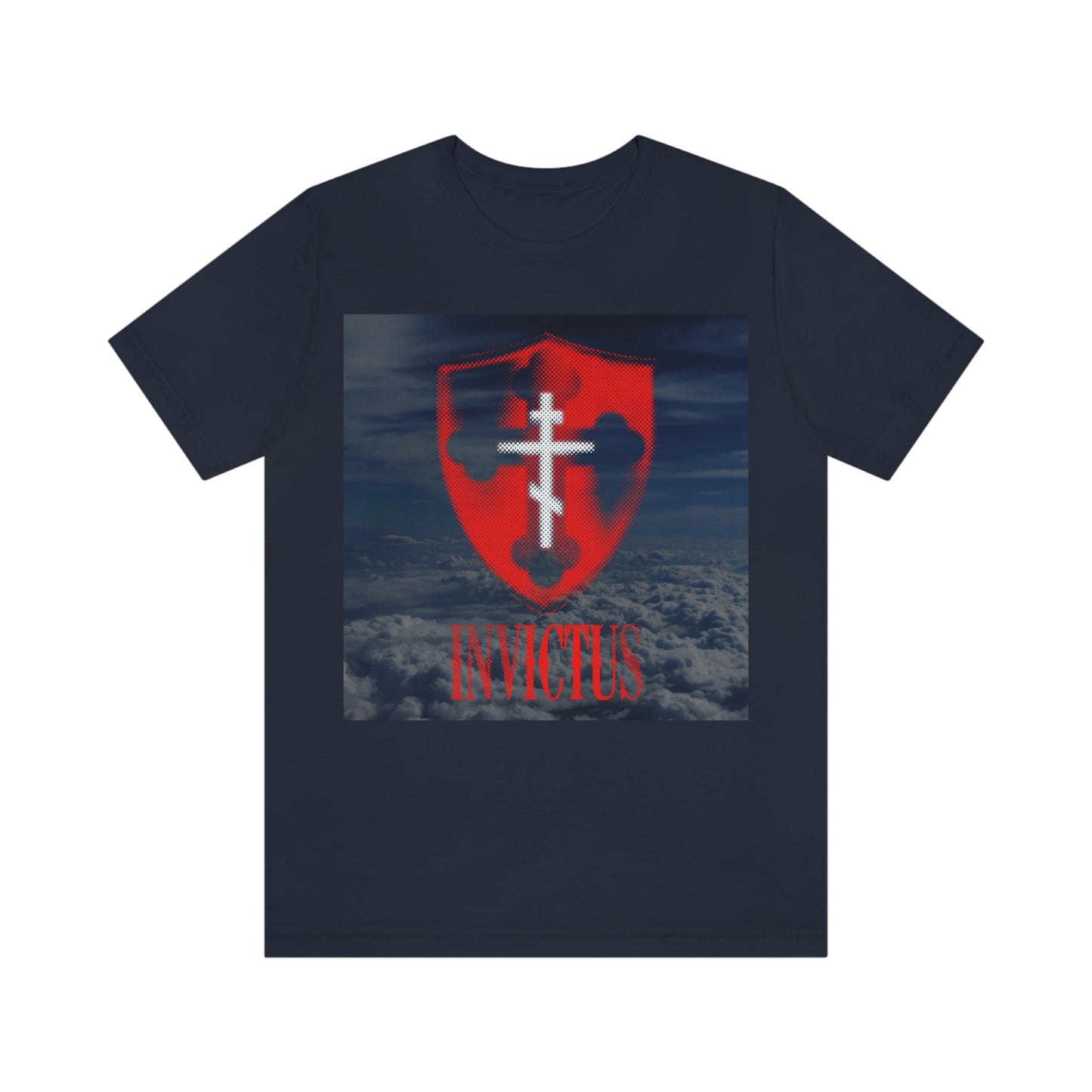 Invictus "Unconquered" | White Cross on Red Shield Over Clouds | Textured Halftone Design | Orthodox Christian T-Shirt