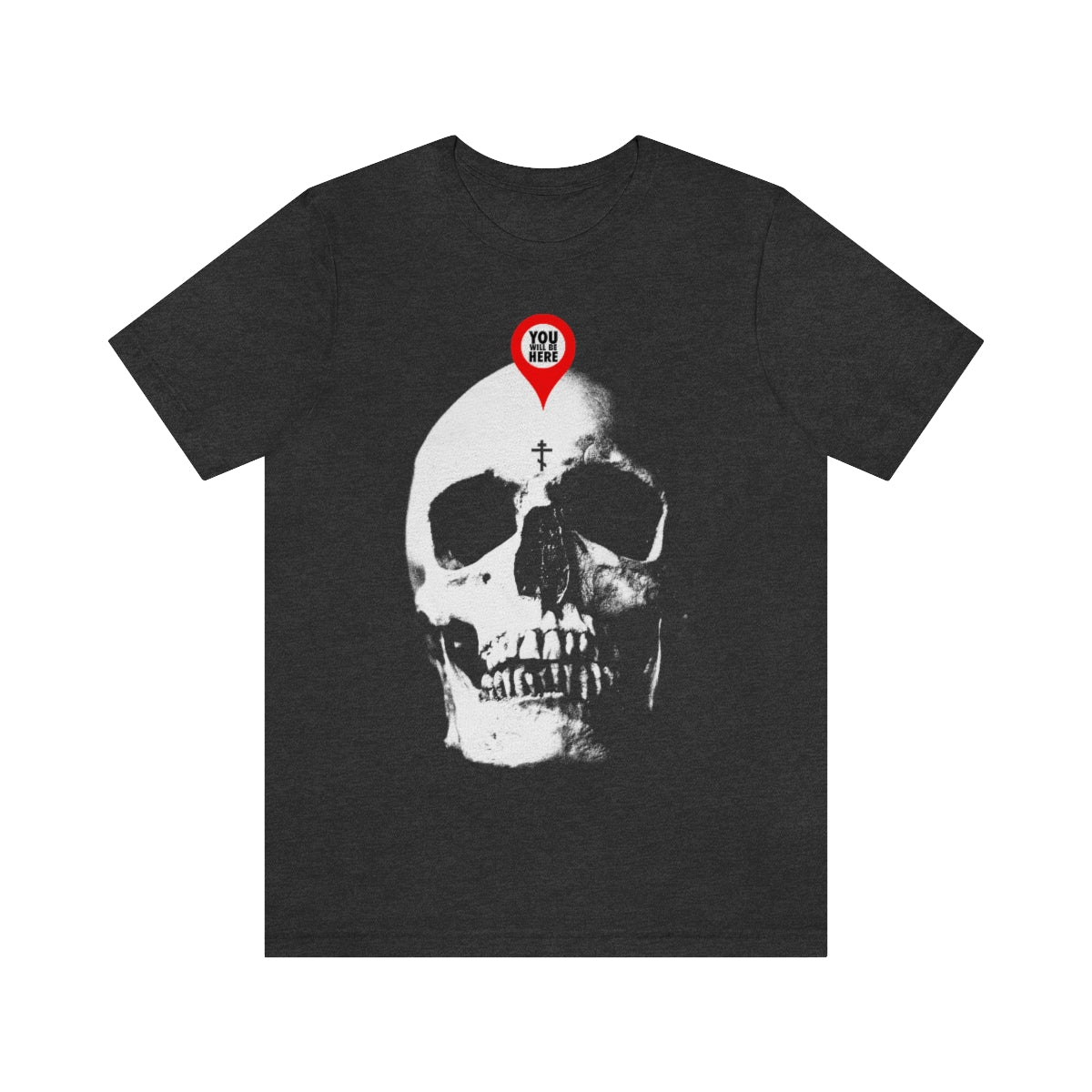 Dark Grey Heather “You Will Be Here Maps Marker on Skull” Orthodox Christian T-shirt features a large white skull with a red map pin above the forehead, inspired by St Ignatius Brianchaninov’s tradition of death remembrance.