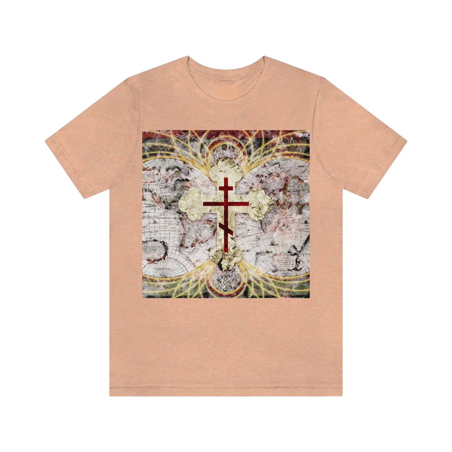 Red Three-Bar Cross Design with Magnetic Lines Over Textured World Map | Orthodox Christian T-Shirt