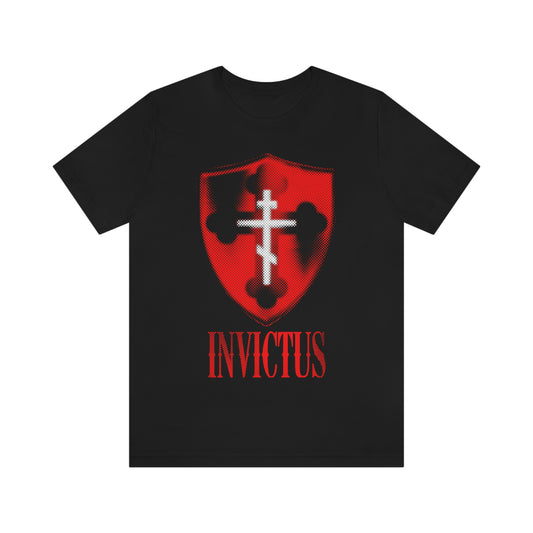 Invictus Christ Unconquered | White Cross on Red Shield | Textured Halftone Design | Orthodox Christian T-Shirt