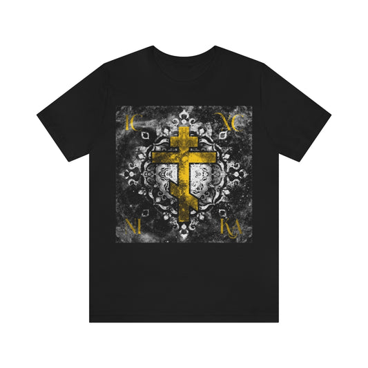 ICXC NIKA Gold Cross | B&W Cosmic Graphic Design | Orthodox Christian T-Shirt