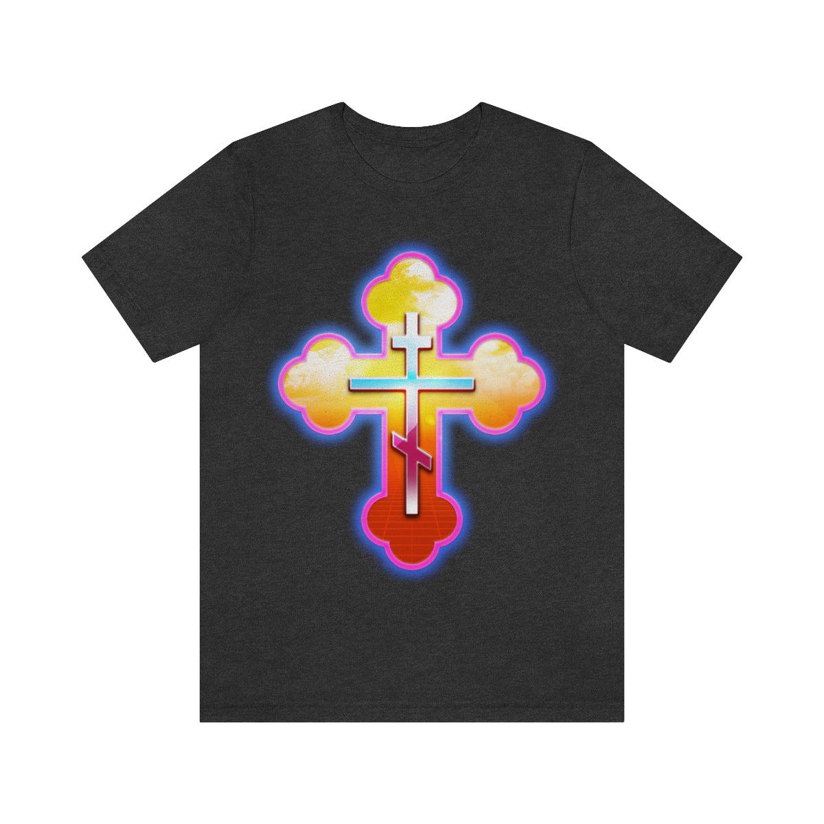 80s Synthwave Retrowave Outrun Aesthetic | Glowing & Reflective Gold & Red Three-Bar Cross | Orthodox Christian T-Shirt-Dark Grey Heather-S-Remembrance of Death