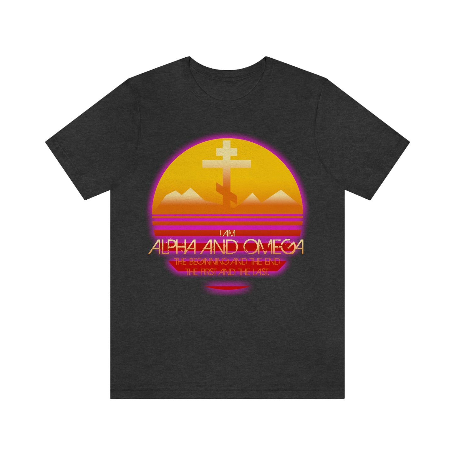 I am the Alpha & Omega (Revelation Revelation 22:13) | 80s Synthwave Orange & Magenta Setting Sun Design | Orthodox Christian T-Shirt