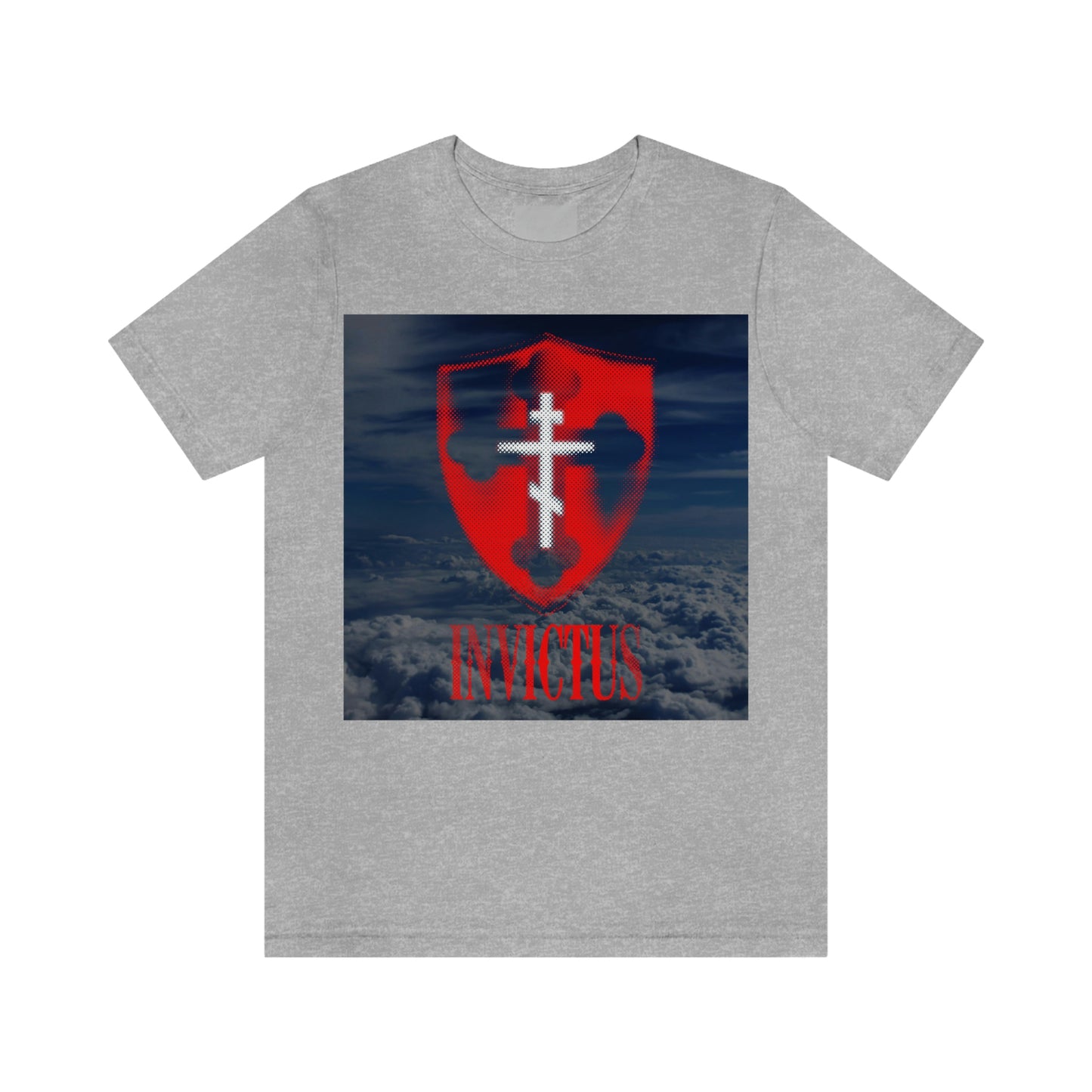 Invictus "Unconquered" | White Cross on Red Shield Over Clouds | Textured Halftone Design | Orthodox Christian T-Shirt