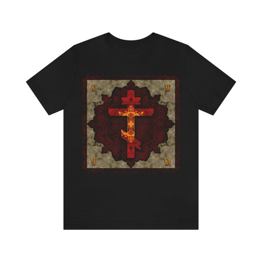 ICXC NIKA Artistic Textured Red & Gold Russian Cross | Orthodox Christian T-Shirt