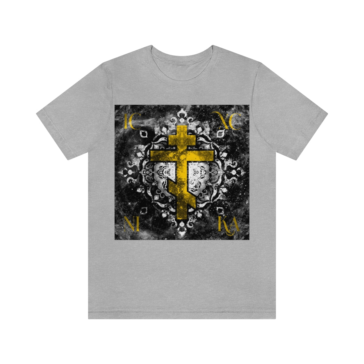 ICXC NIKA Gold Cross | B&W Cosmic Graphic Design | Orthodox Christian T-Shirt