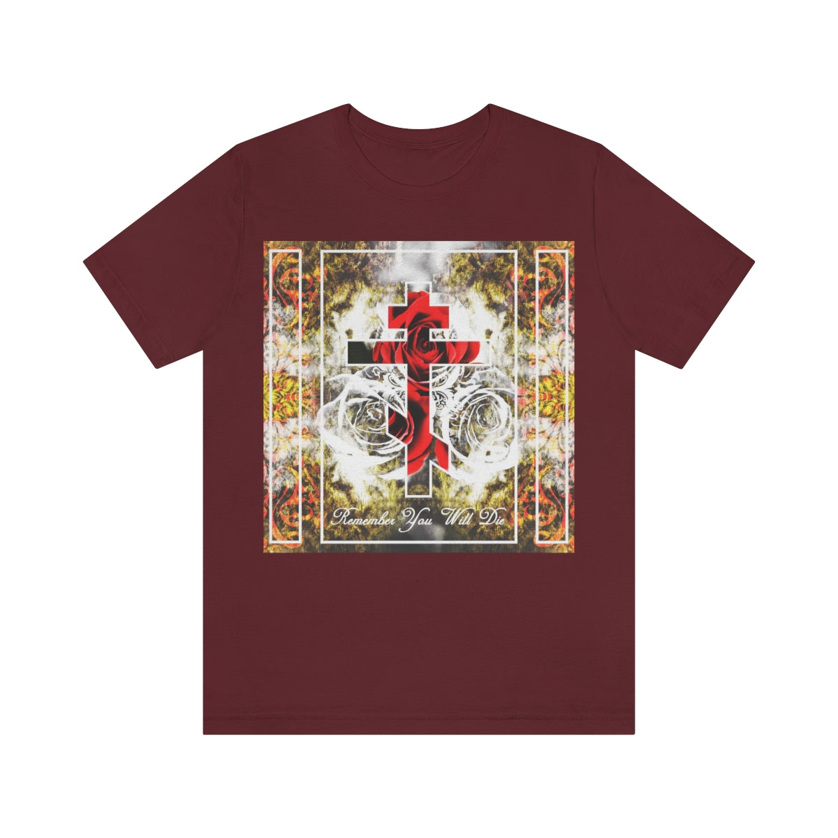 Remember You Will Die | Red Cross on Floral Texture | Orthodox Christian T-Shirt