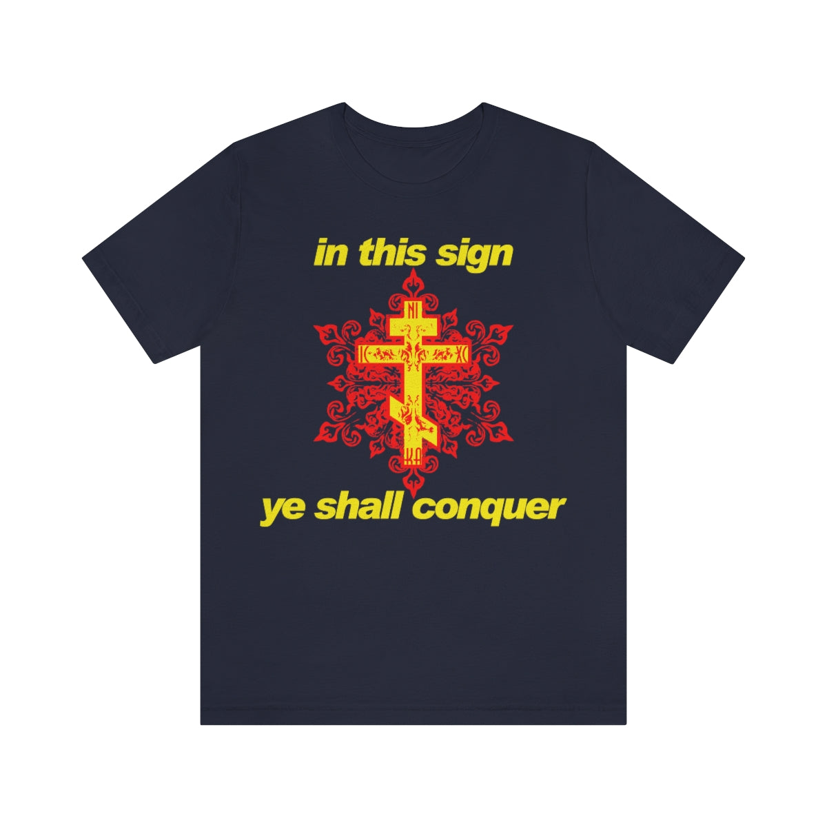 In This Sign Ye Shall Conquer | Gold and Red Orthodox Ornate Cross | Orthodox Christian T-Shirt
