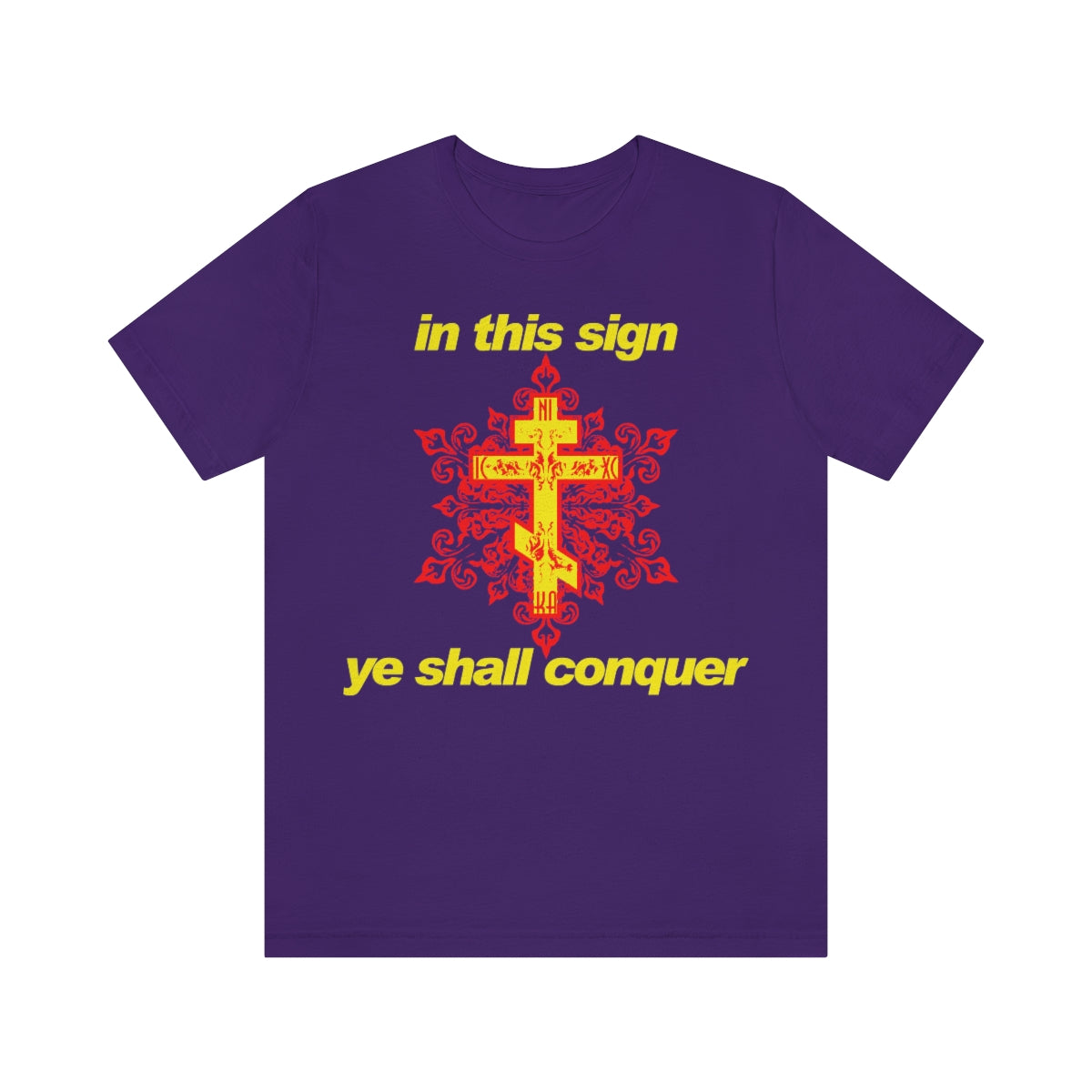 In This Sign Ye Shall Conquer | Gold and Red Orthodox Ornate Cross | Orthodox Christian T-Shirt