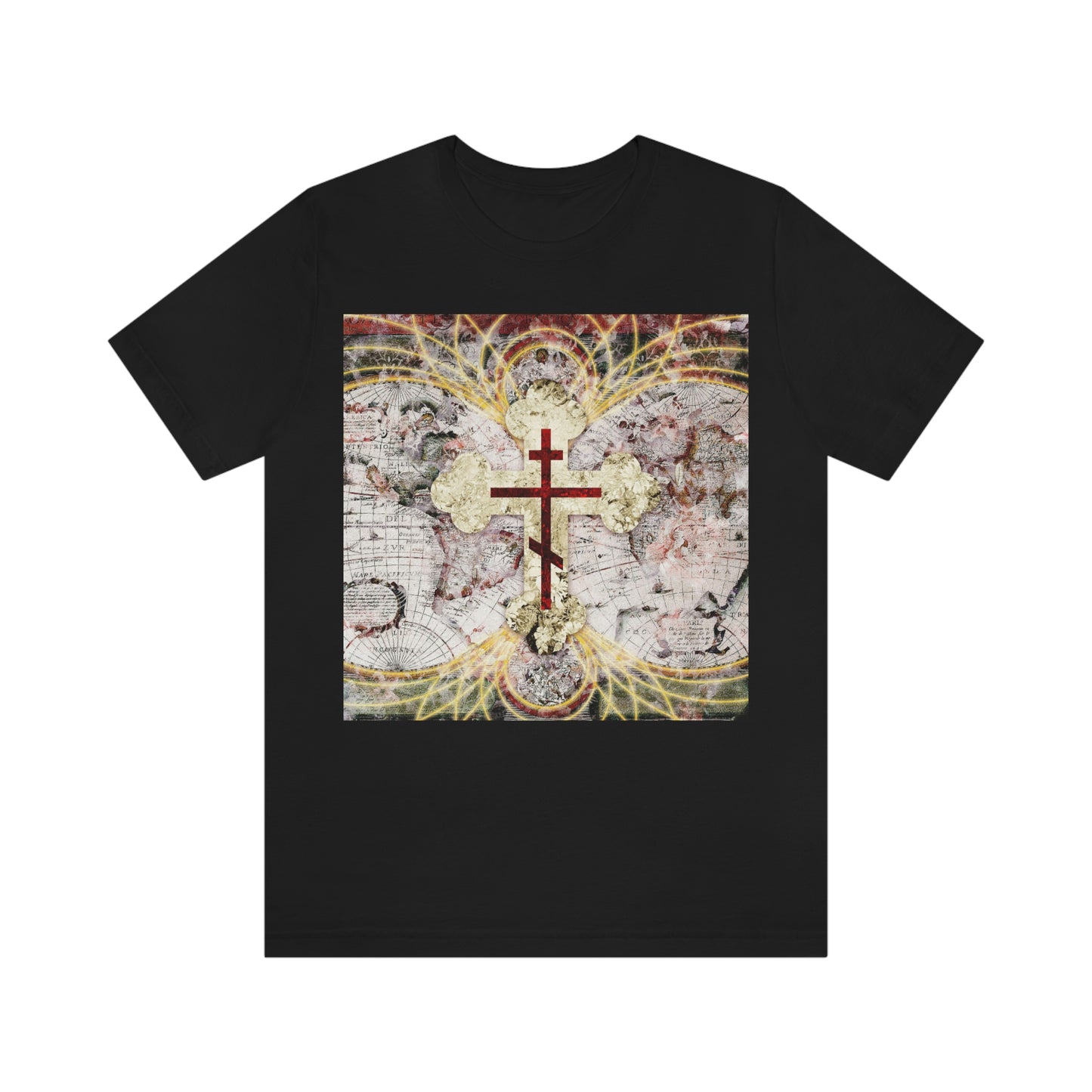 Red Three-Bar Cross Design with Magnetic Lines Over Textured World Map | Orthodox Christian T-Shirt