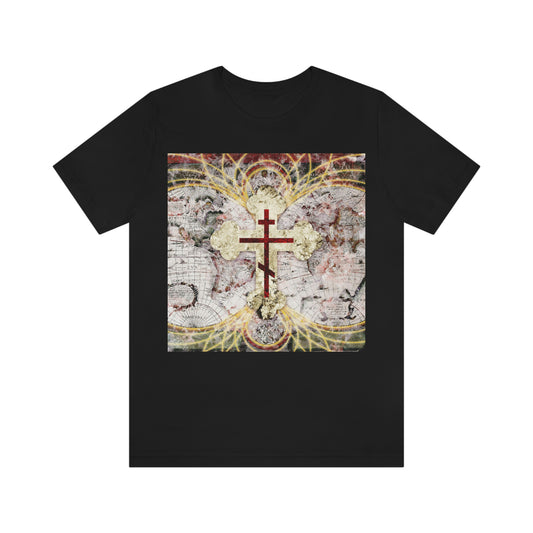 Red Three-Bar Cross Design with Magnetic Lines Over Textured World Map | Orthodox Christian T-Shirt