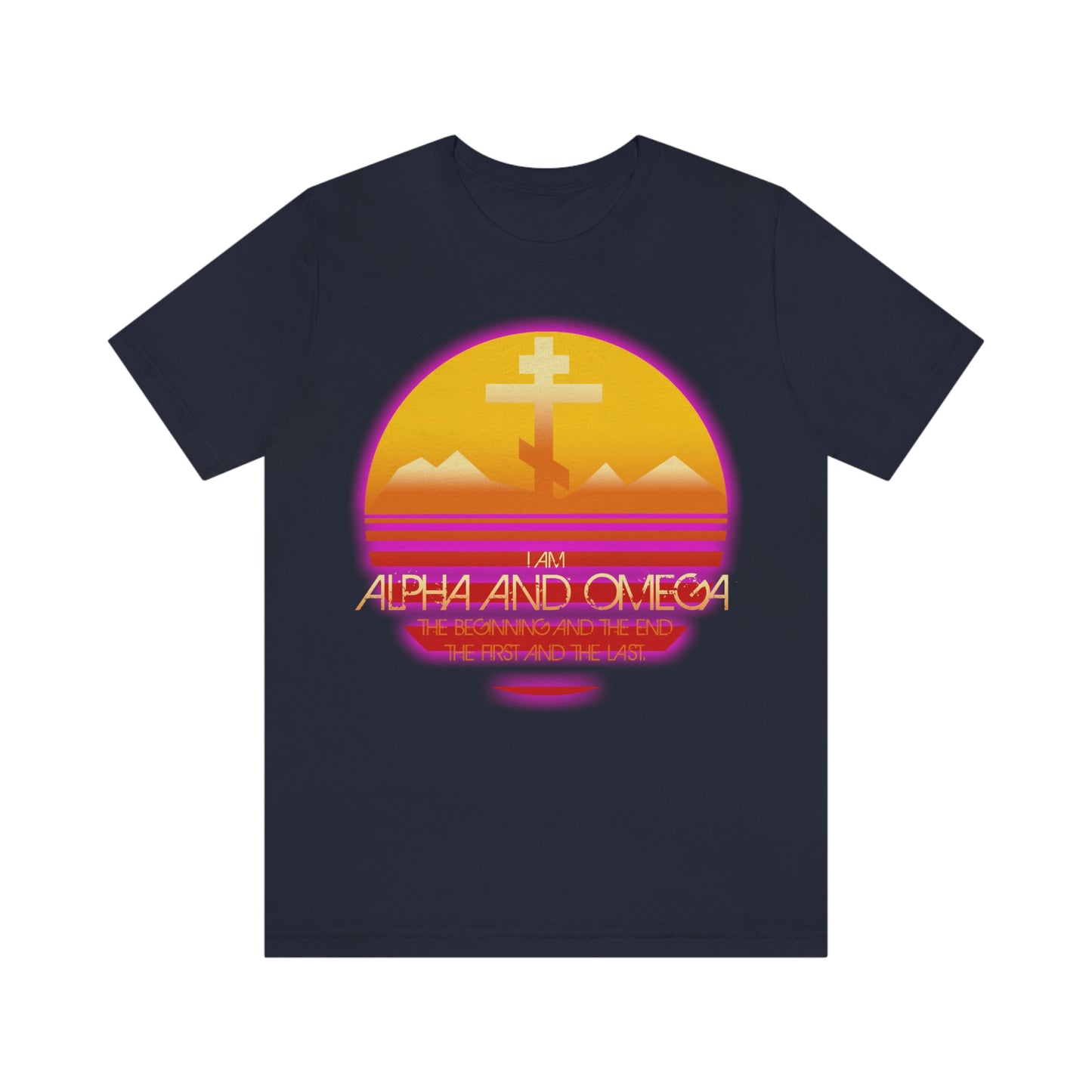 I am the Alpha & Omega (Revelation Revelation 22:13) | 80s Synthwave Orange & Magenta Setting Sun Design | Orthodox Christian T-Shirt