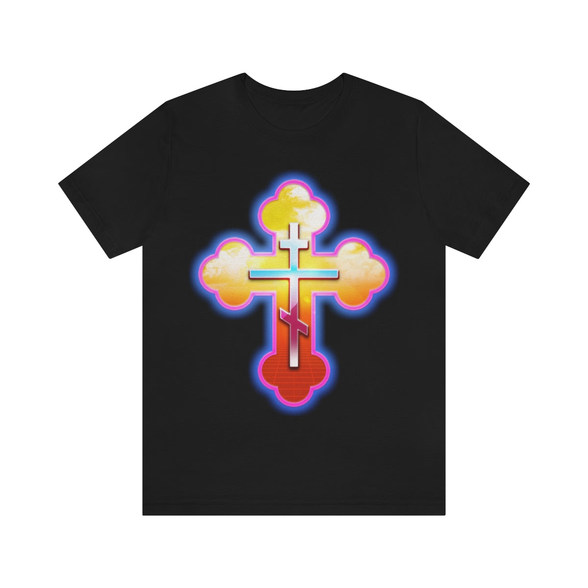 80s Synthwave Retrowave Outrun Aesthetic | Glowing & Reflective Gold & Red Three-Bar Cross | Orthodox Christian T-Shirt-Black-S-Remembrance of Death