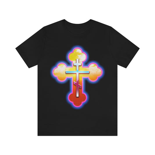 80s Synthwave Retrowave Outrun Aesthetic | Glowing & Reflective Gold & Red Three-Bar Cross | Orthodox Christian T-Shirt-Black-S-Remembrance of Death