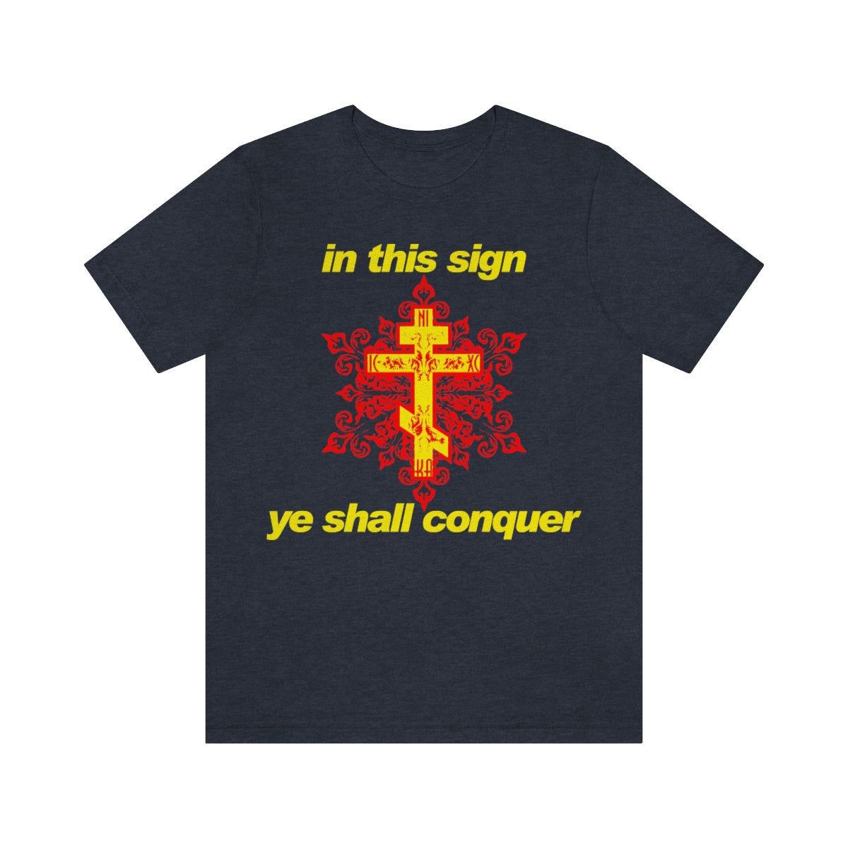 In This Sign Ye Shall Conquer | Gold and Red Orthodox Ornate Cross | Orthodox Christian T-Shirt