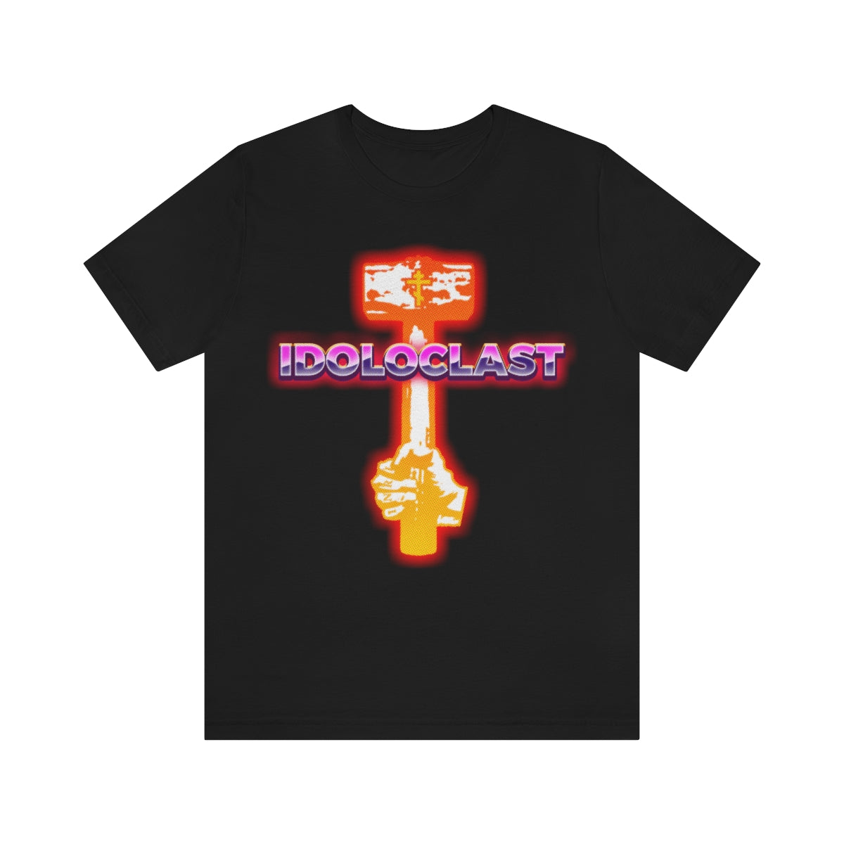 Black "Idoloclast Idol-Smasher" T-shirt with a glowing sledgehammer graphic in 80s synthwave style and bold pink/purple lettering—perfect for Orthodox Christians breaking free from old commandments.