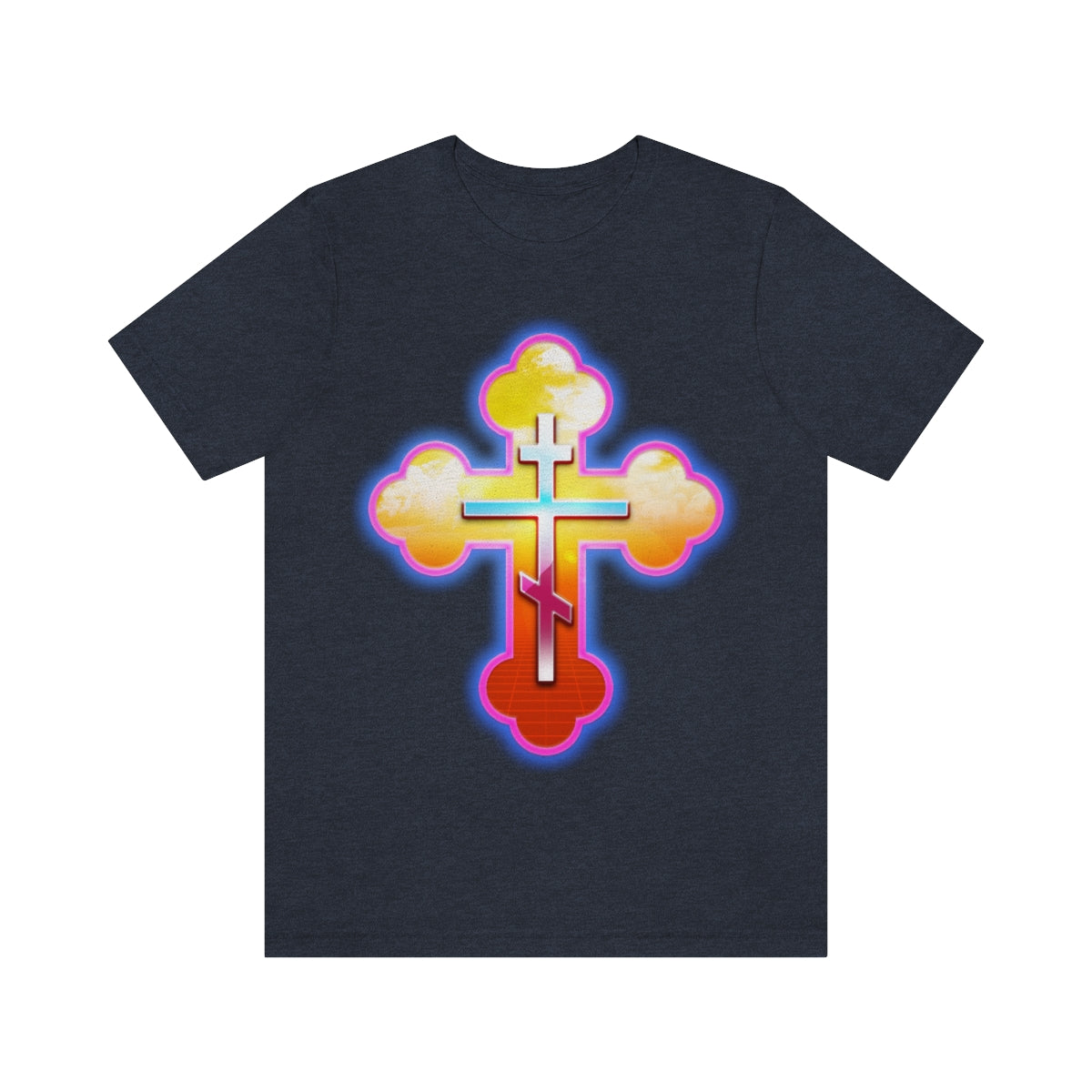 80s Synthwave Retrowave Outrun Aesthetic | Glowing & Reflective Gold & Red Three-Bar Cross | Orthodox Christian T-Shirt-Heather Navy-S-Remembrance of Death