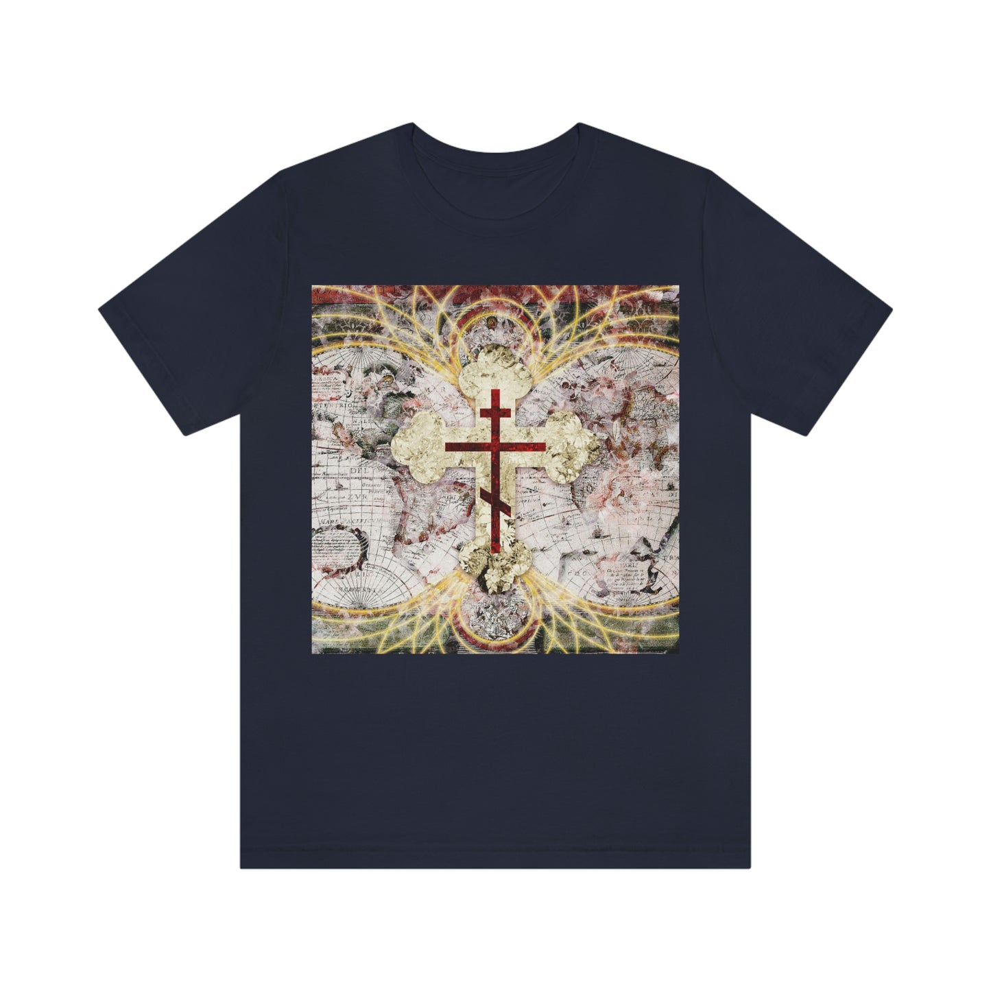 Red Three-Bar Cross Design with Magnetic Lines Over Textured World Map | Orthodox Christian T-Shirt