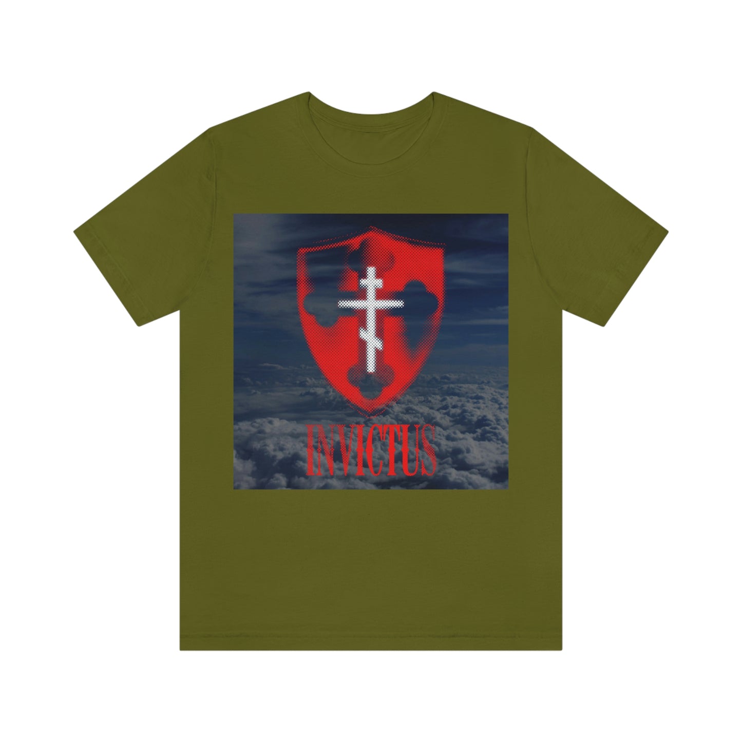 Invictus "Unconquered" | White Cross on Red Shield Over Clouds | Textured Halftone Design | Orthodox Christian T-Shirt