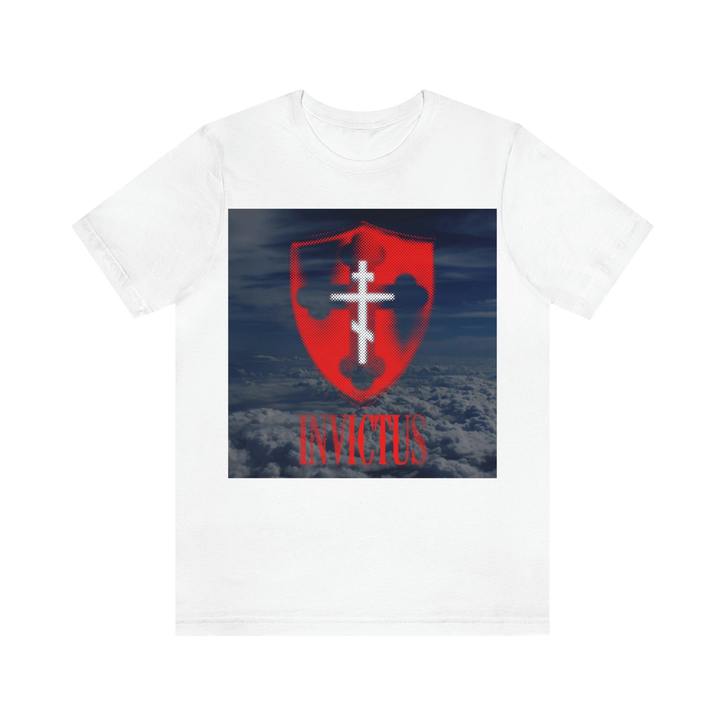 Invictus "Unconquered" | White Cross on Red Shield Over Clouds | Textured Halftone Design | Orthodox Christian T-Shirt
