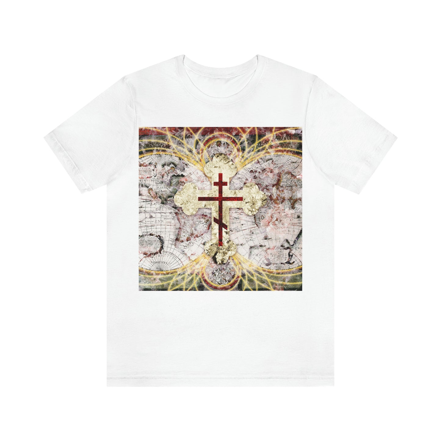 Red Three-Bar Cross Design with Magnetic Lines Over Textured World Map | Orthodox Christian T-Shirt