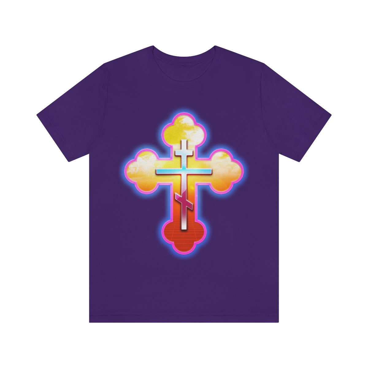 80s Synthwave Retrowave Outrun Aesthetic | Glowing & Reflective Gold & Red Three-Bar Cross | Orthodox Christian T-Shirt-Team Purple-S-Remembrance of Death
