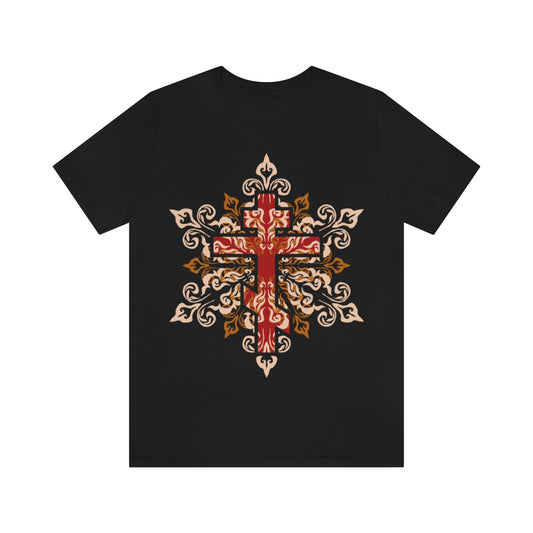 Ornate Red & Beige Russian Three-Bar Cross Design | Orthodox Christian T-Shirt